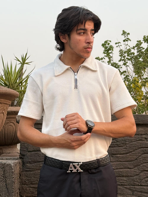 Off White Quarter Zipper Polo